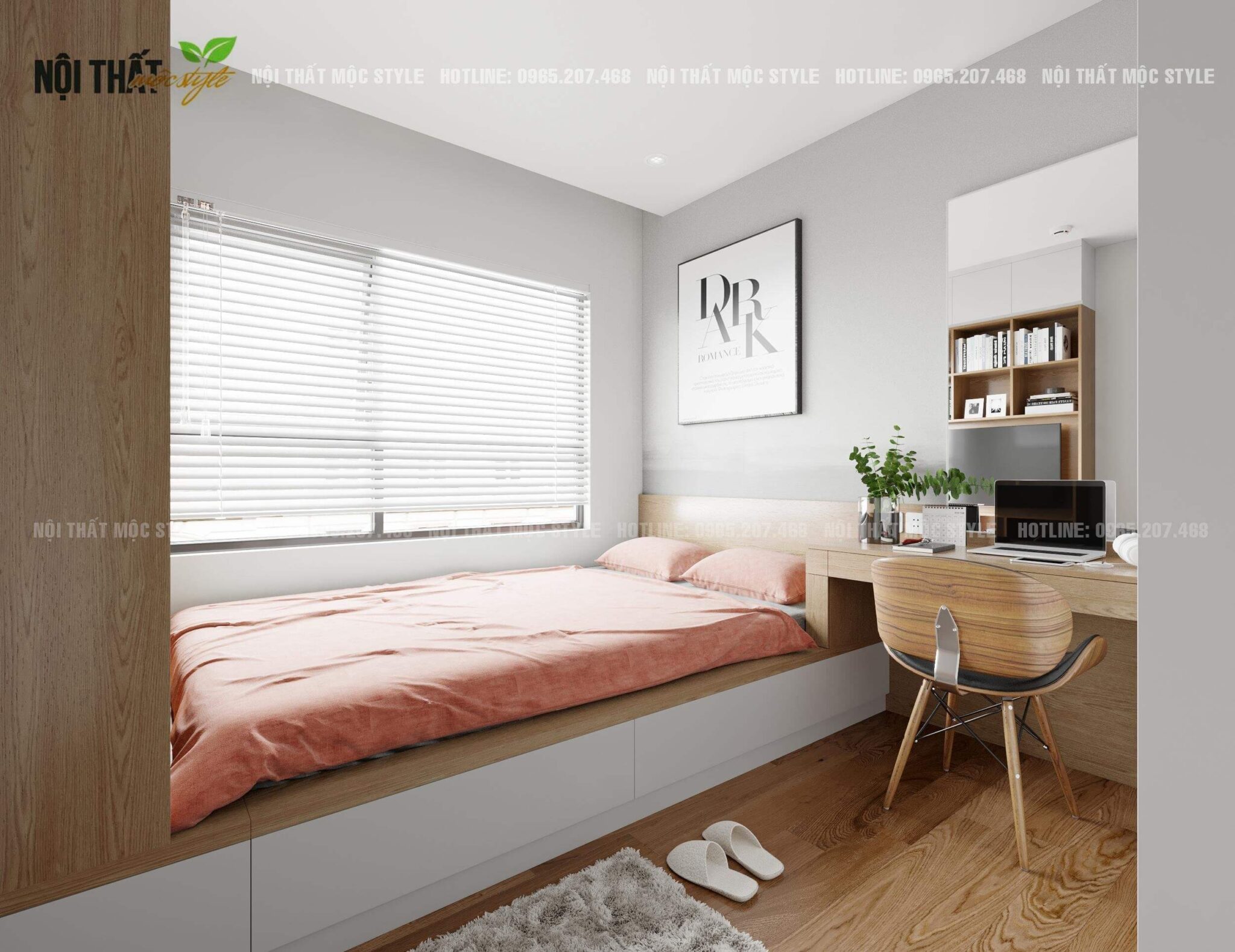 thiết kế phòng ngủ mẫu 5 cho gia đình trẻ với giường ô kéo sát cửa sổ xinh xắn