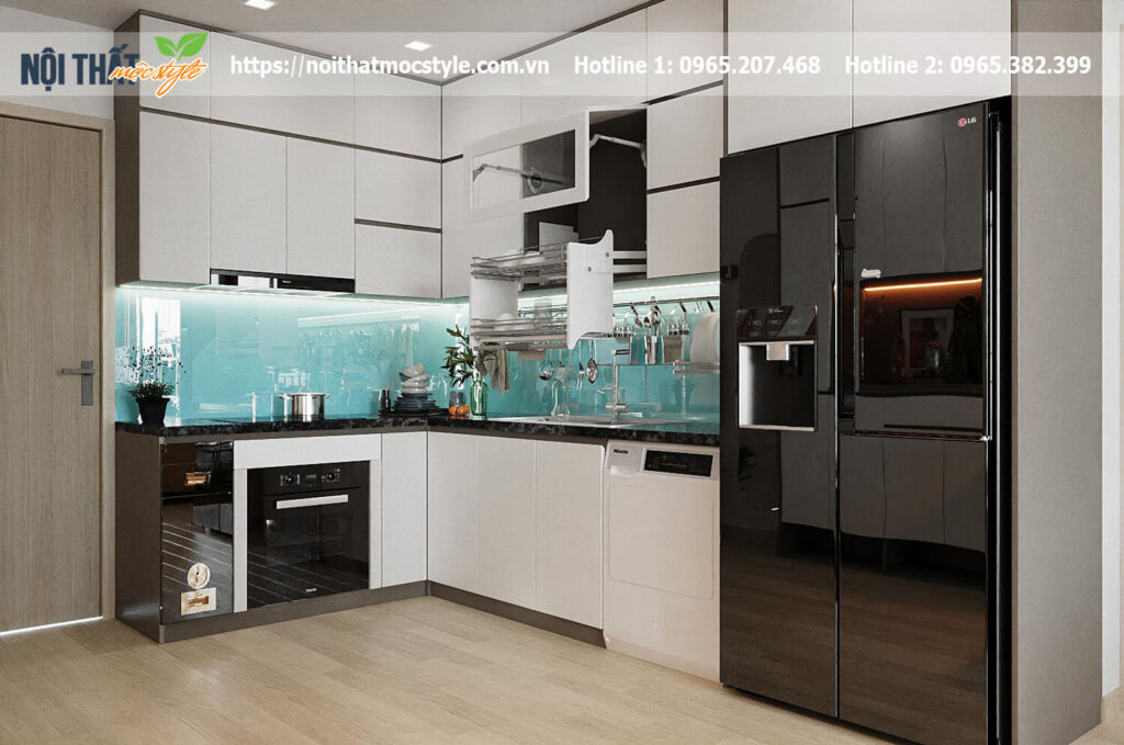 Tủ bếp chữ L hiện đại kết hợp kính xanh đẹp tinh tế