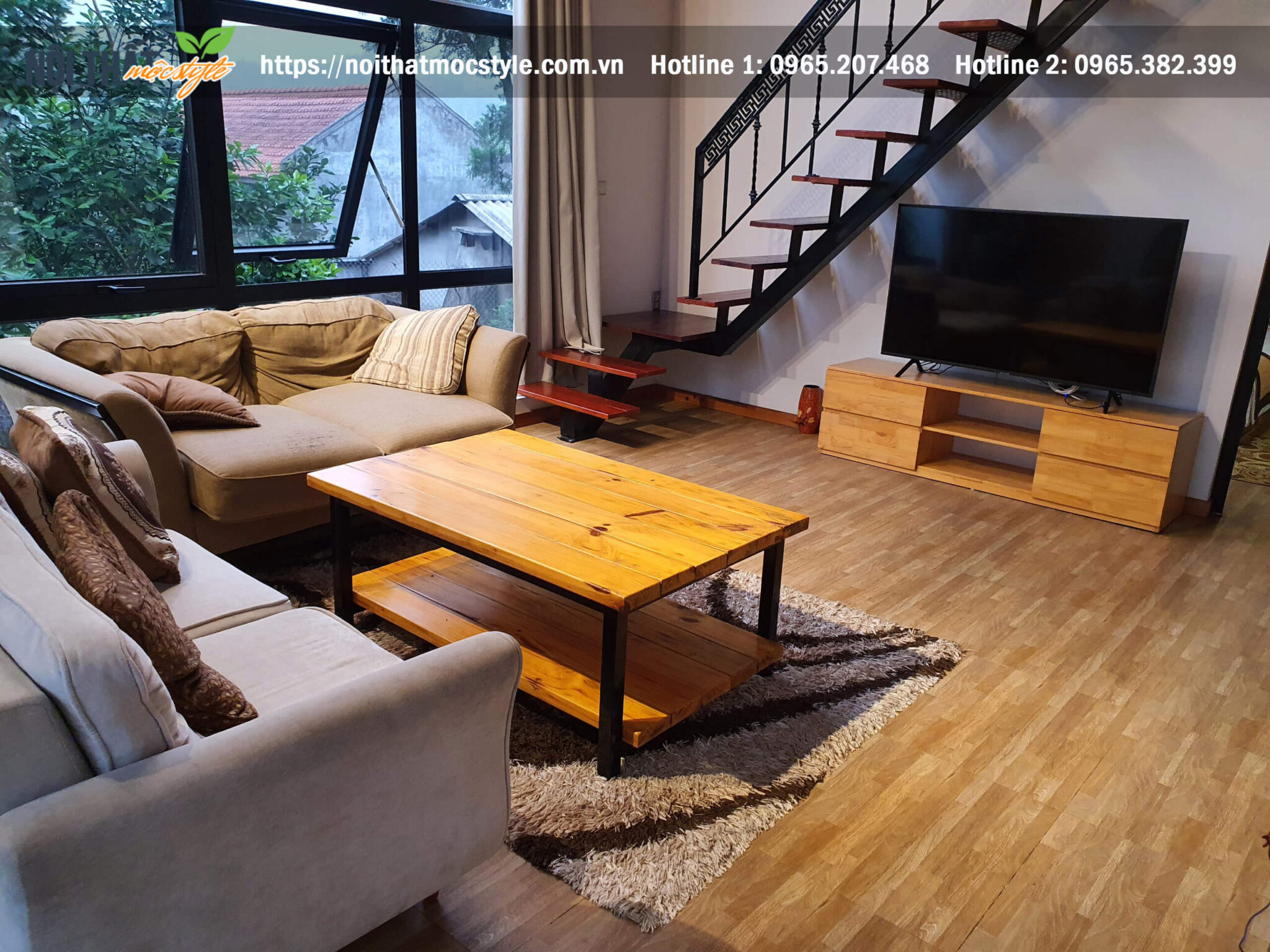 Nội thất phòng khách homestay Le Farm mộc mạc, ấm áp