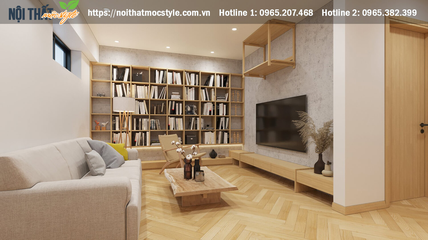 Thiết kế nội thất phòng khách hiện đại với giá sách