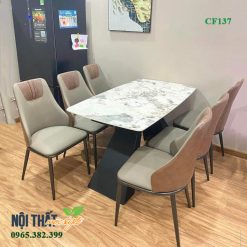 Bộ 6 ghế Spot nâu kết hợp bàn đá chân A dài 1m4 cho không gian nhỏ