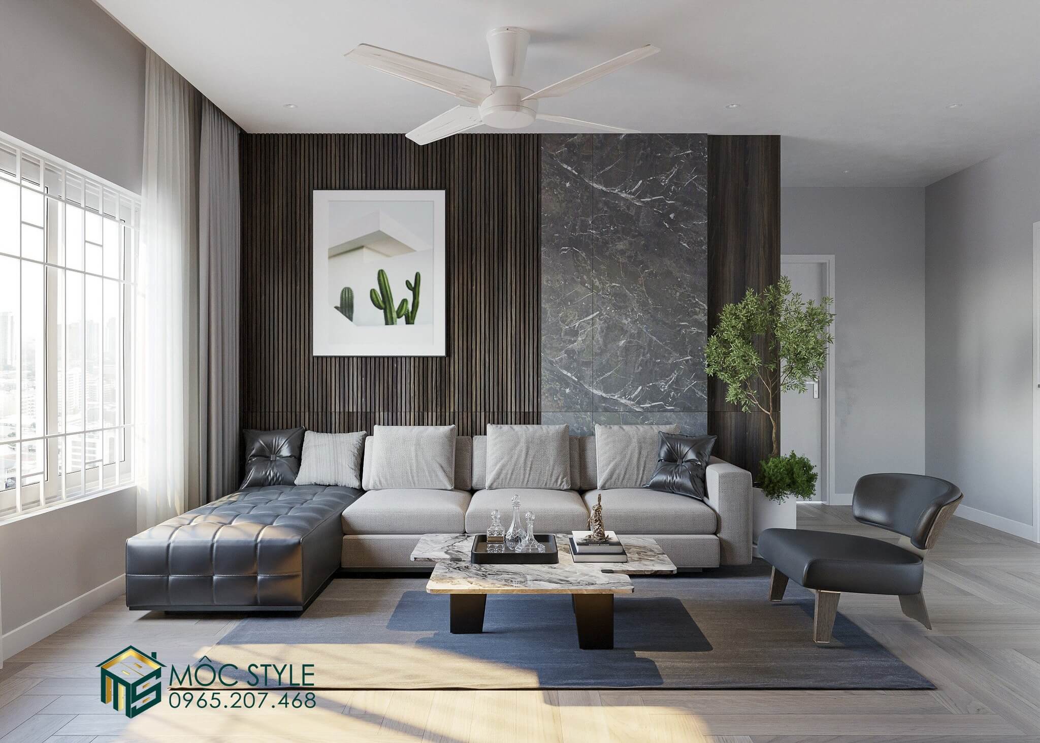Không gian phòng khách với tông màu ghi xám vừa hiện đại lại sang trọng