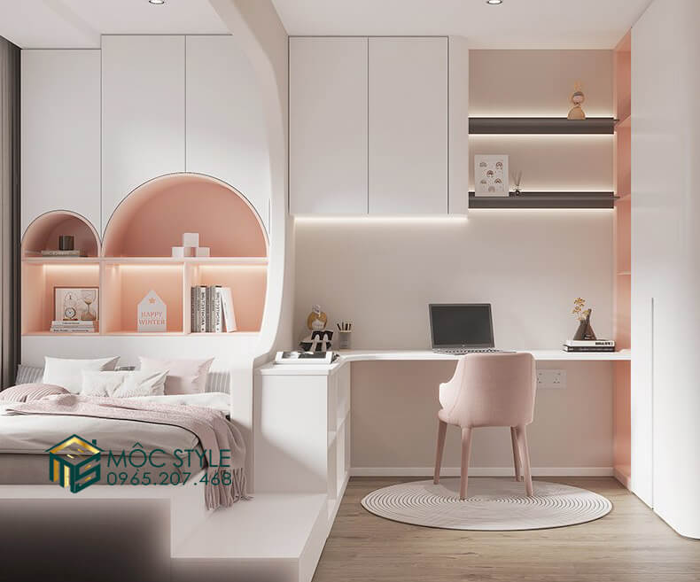 Phòng ngủ bé gái hiện đại với tông màu trắng xinh xắn