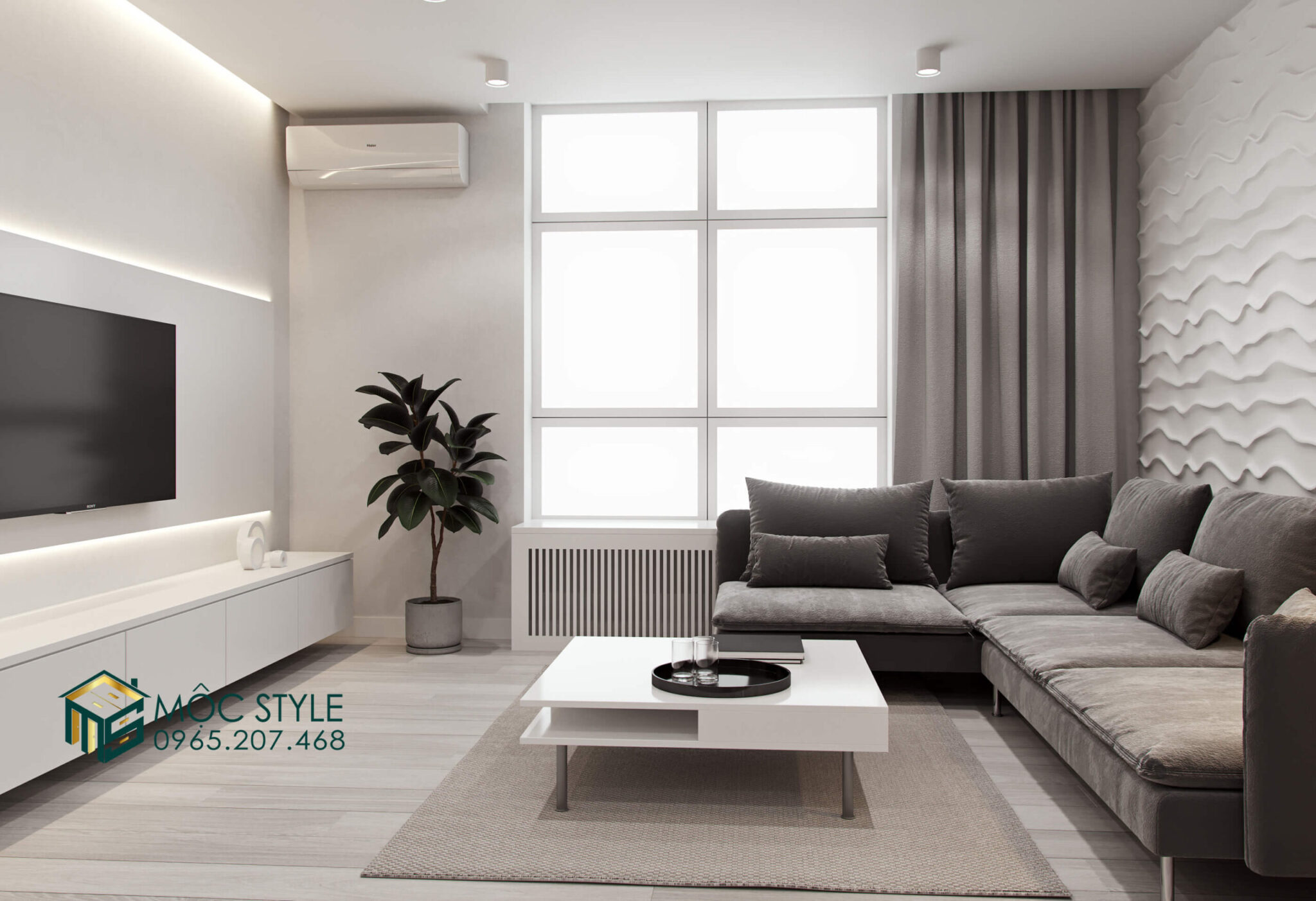 Không gian phòng khách rộng rãi với thiết kế cạnh cửa sổ.