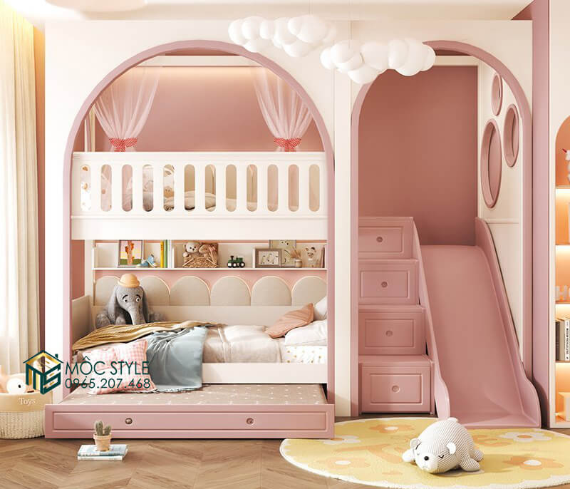 Giường tầng phòng bé gái màu hồng đáng yêu