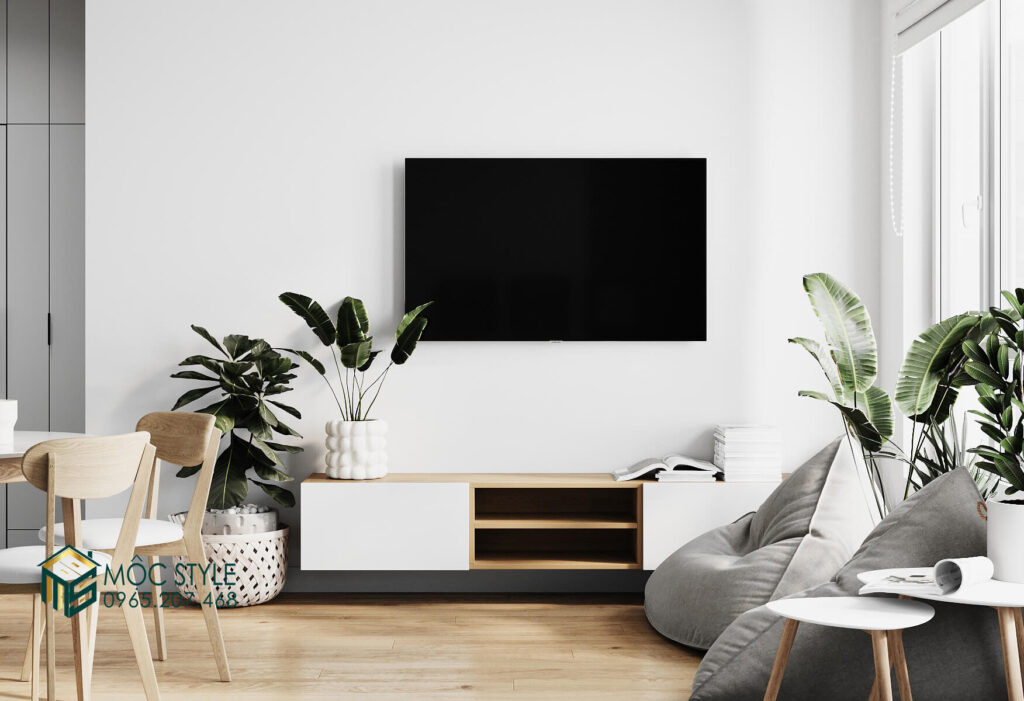 Kệ TV phòng khách với nhiêu cây cảnh mang cảm giác hòa cùng thiên nhiên