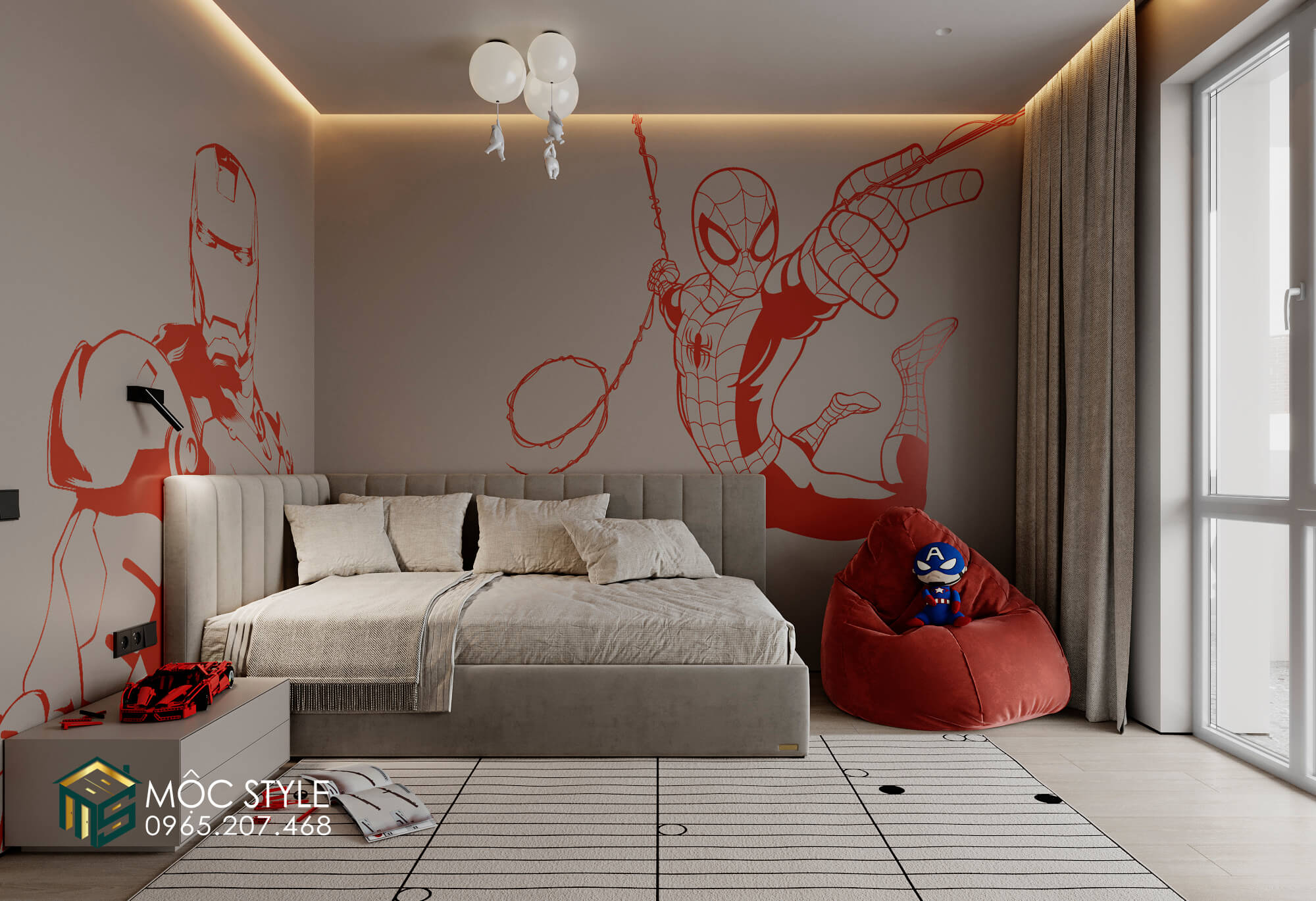 Phòng ngủ của bé với tường được vẽ trang trí hình ảnh sinh động.