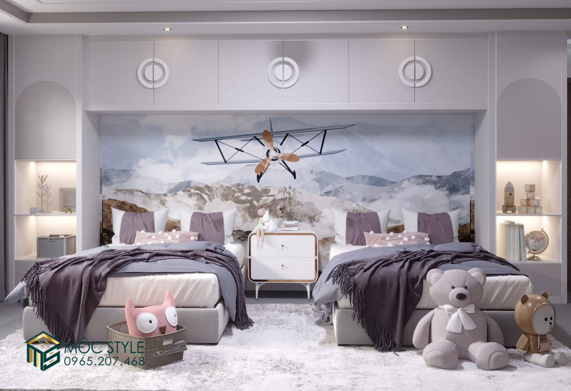 Không gian nội thất phòng ngủ 2 bé tone màu tím hiện đại