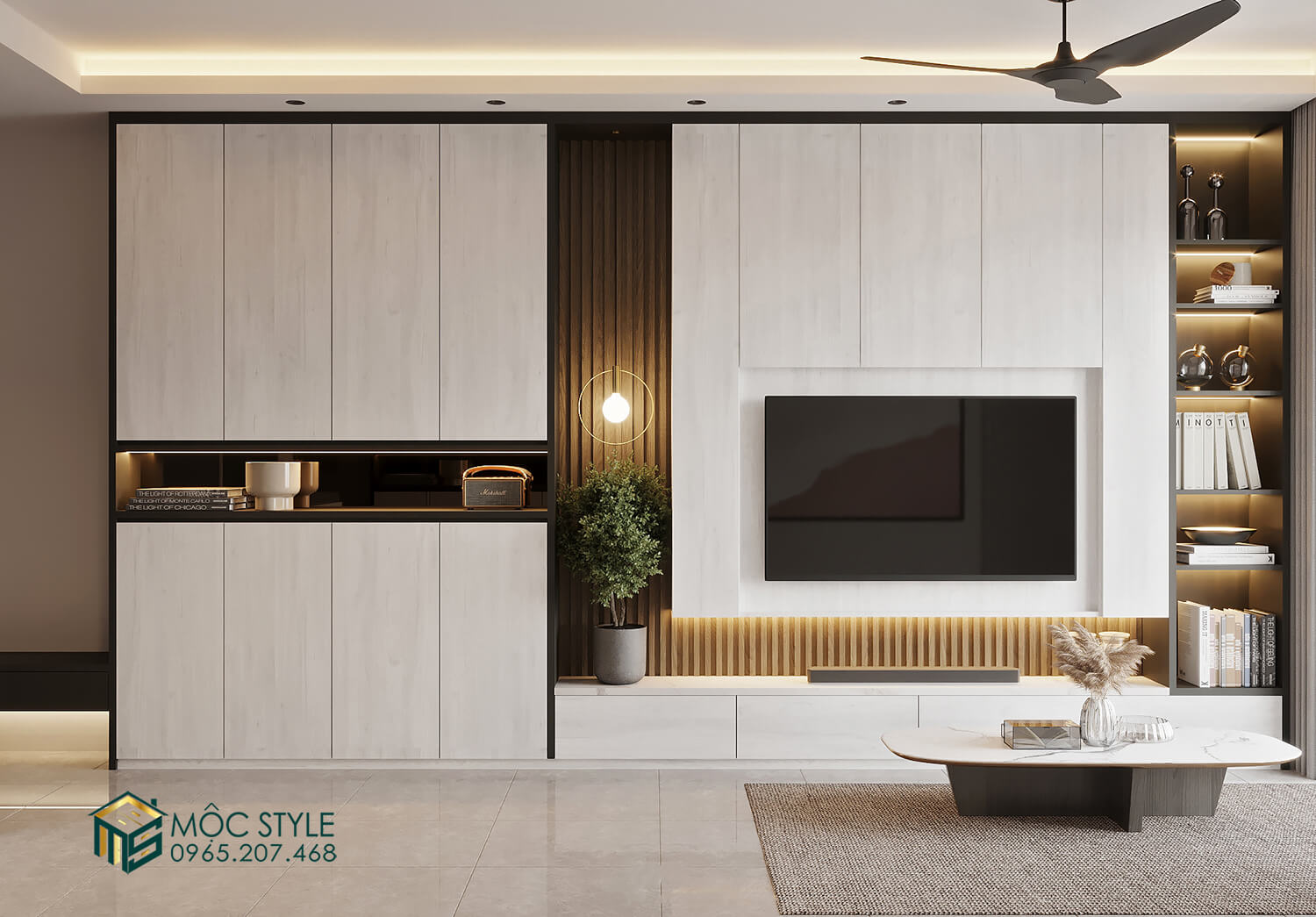 Kệ TV kết hợp hệ tủ trang trí mang vẻ đẹp hiện đại