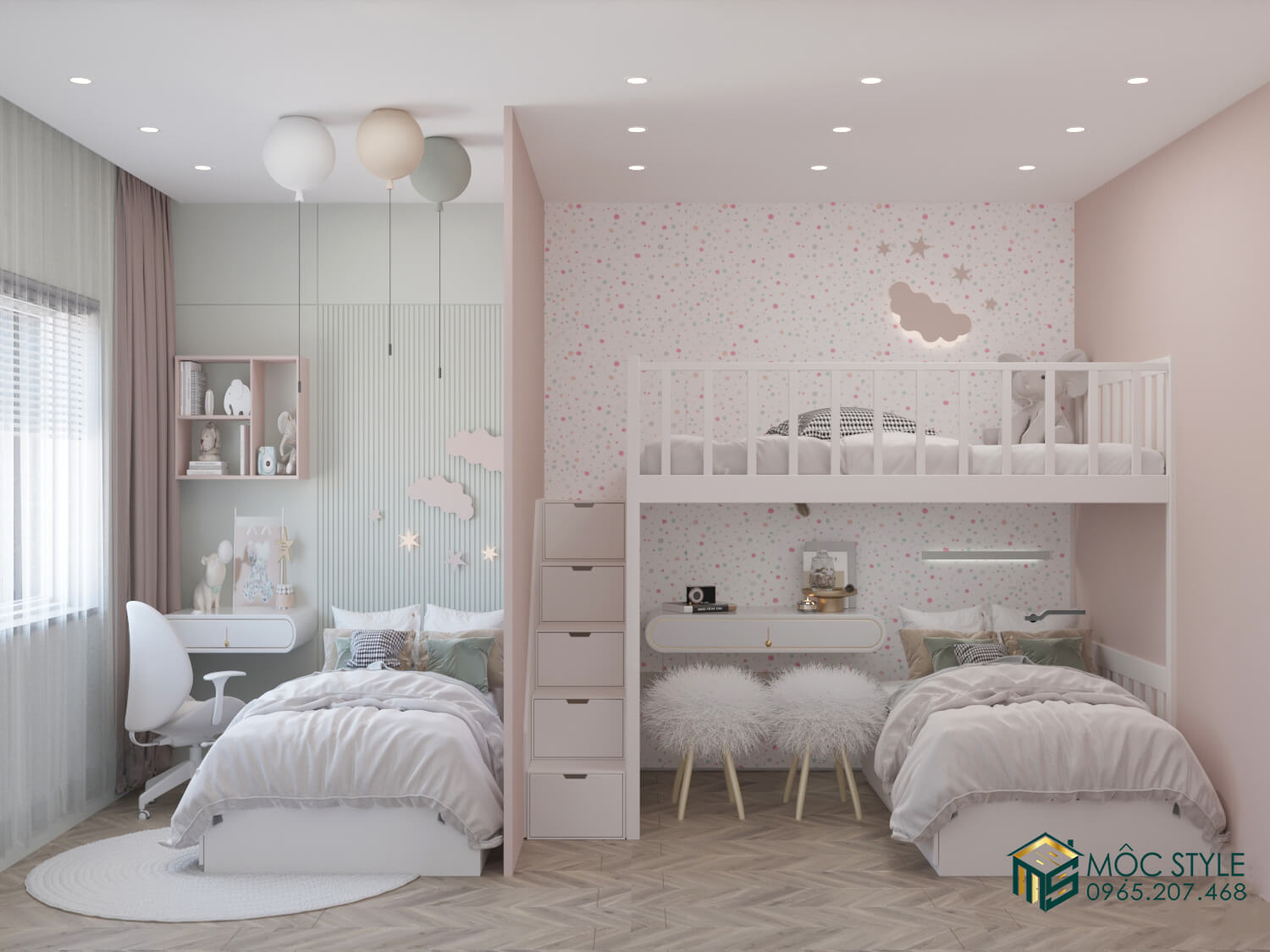 Mẫu thiết kế không gian phòng ngủ cho 3 bé gái