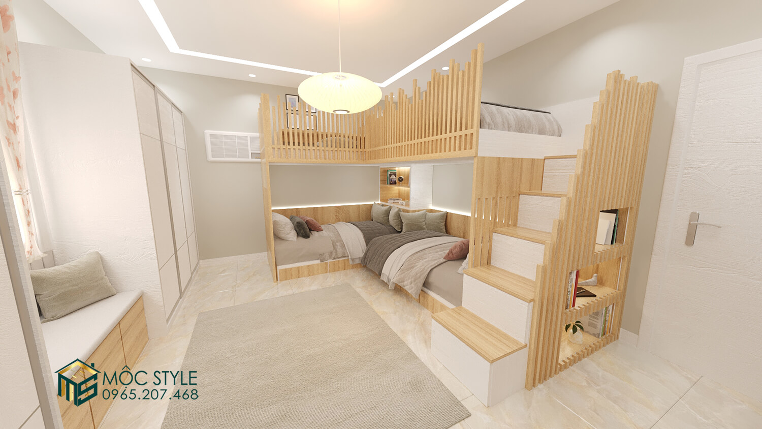 Phòng ngủ 3 người với thiết kế rộng rãi, hiện đại và sáng sủa