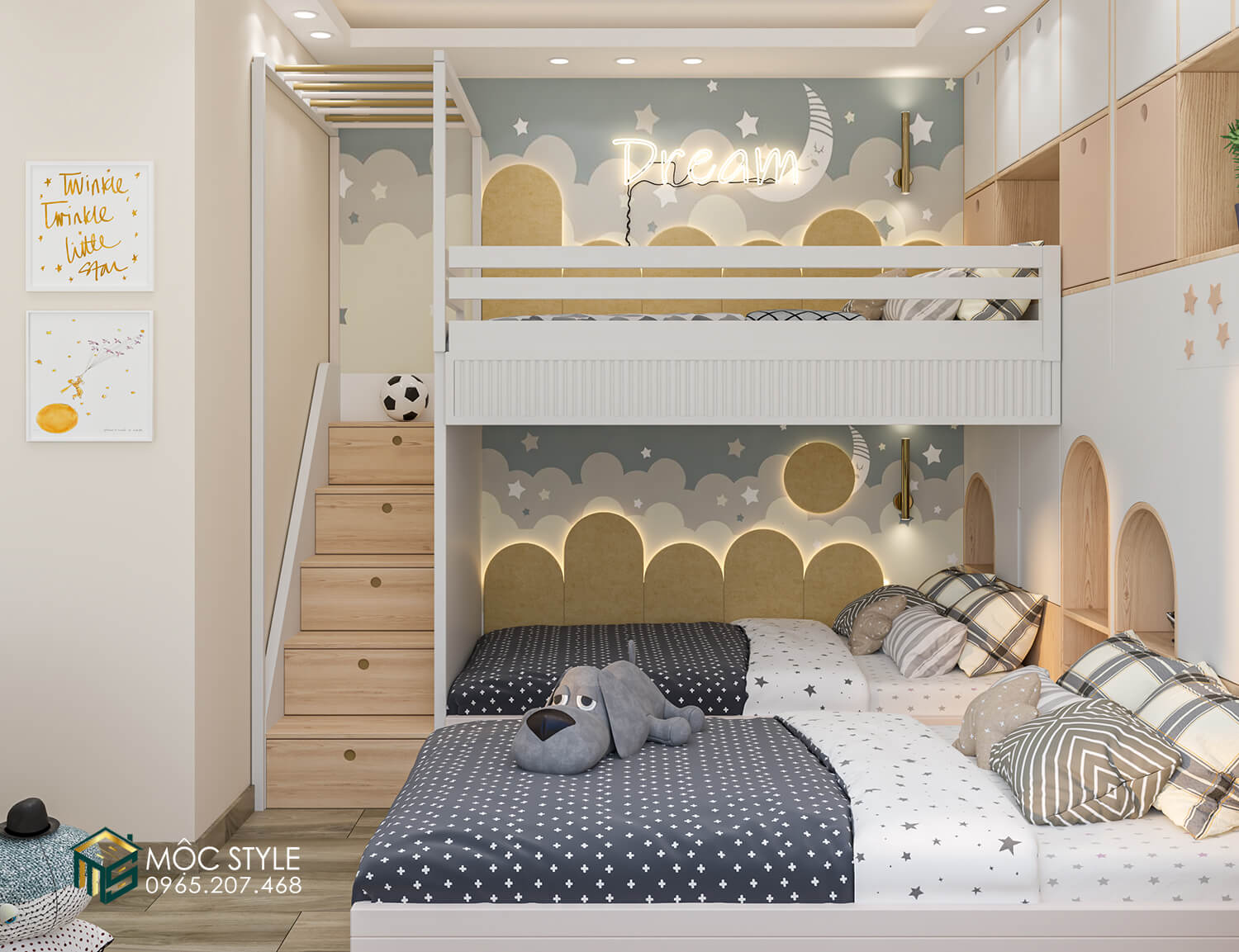 Phòng ngủ cho 3 bé với giường tầng và 1 giường đơn