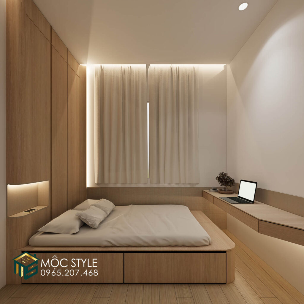 Mẫu giường ngủ hơi hướng Nhật Bản có những ngăn kéo tiện lợi.