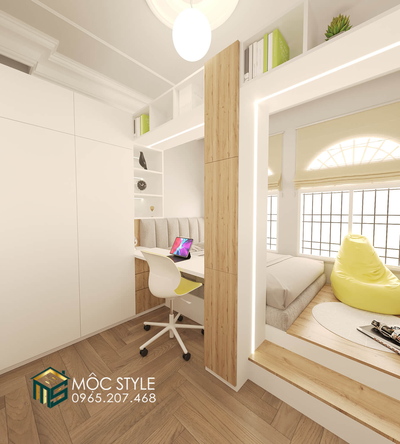 Mẫu phòng ngủ với giường liền tủ quần áo, bàn học và kệ để đồ