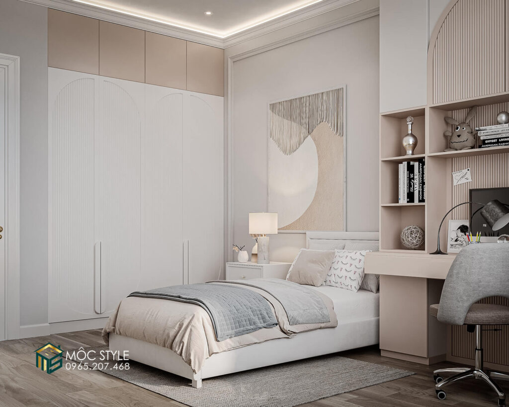 Không gian phòng ngủ với màu hồng pastel đáng yêu và dịu mắt