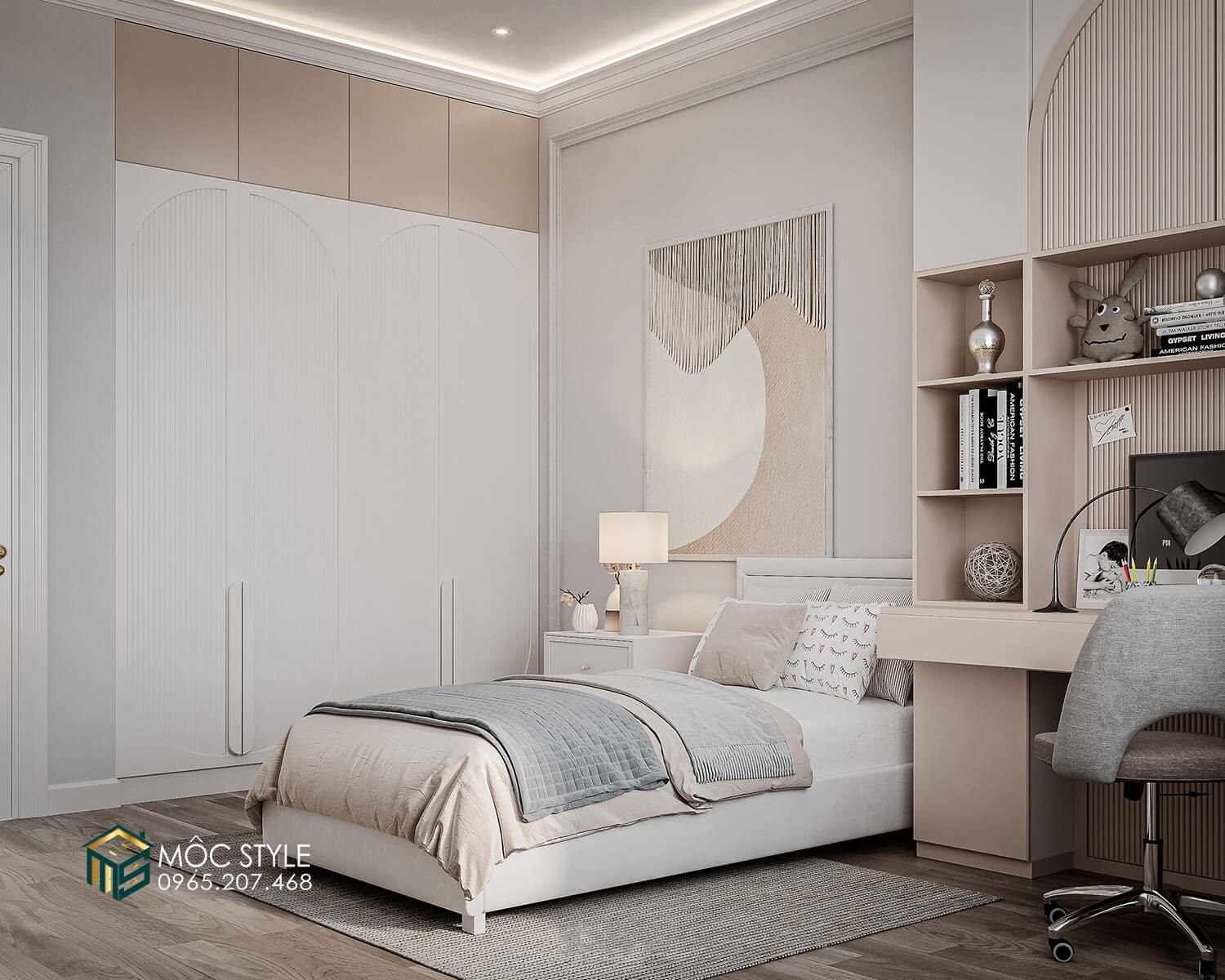 Không gian phòng ngủ với màu hồng pastel đáng yêu và dịu mắt