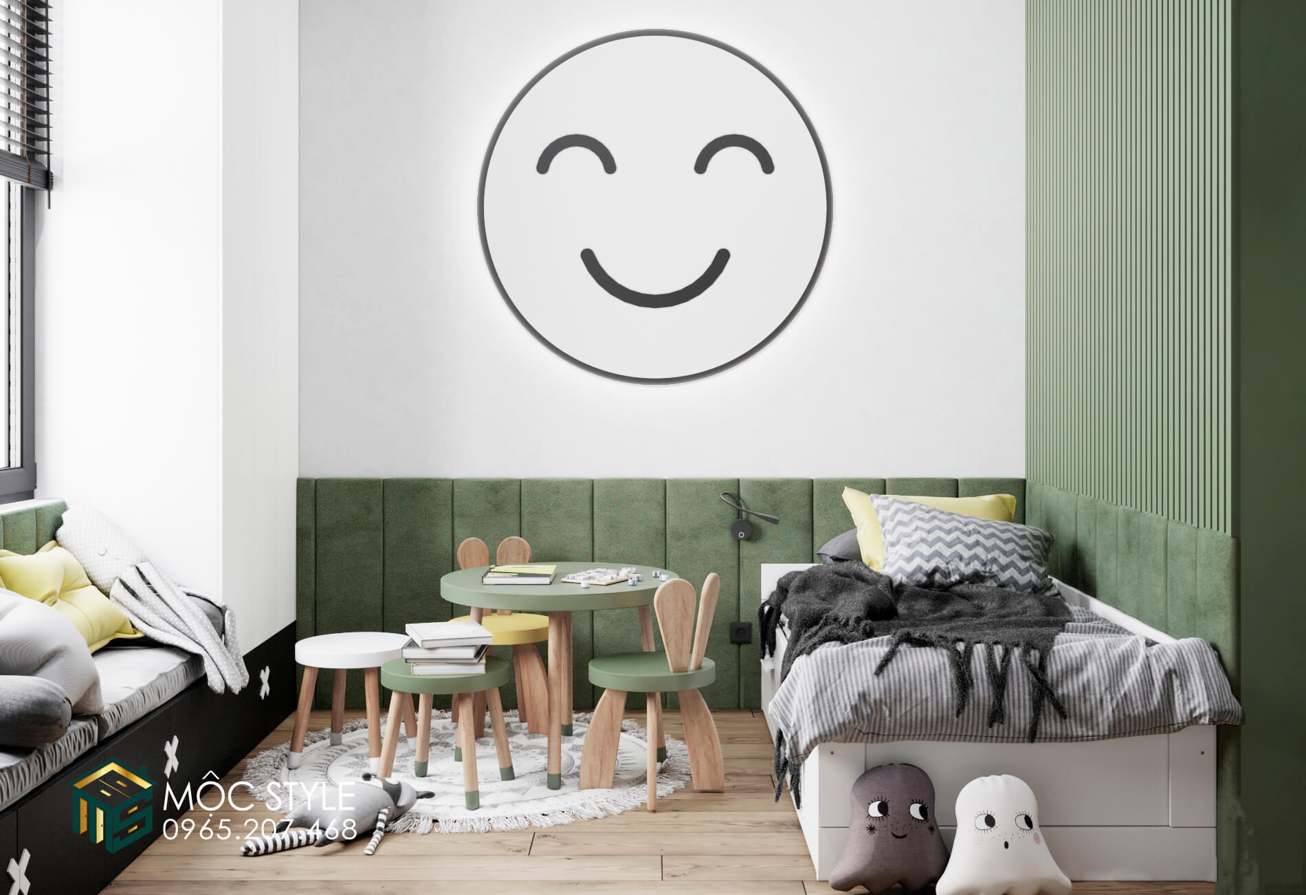 Tổng quan không gian phòng bé với tone màu xanh lá chủ đạo