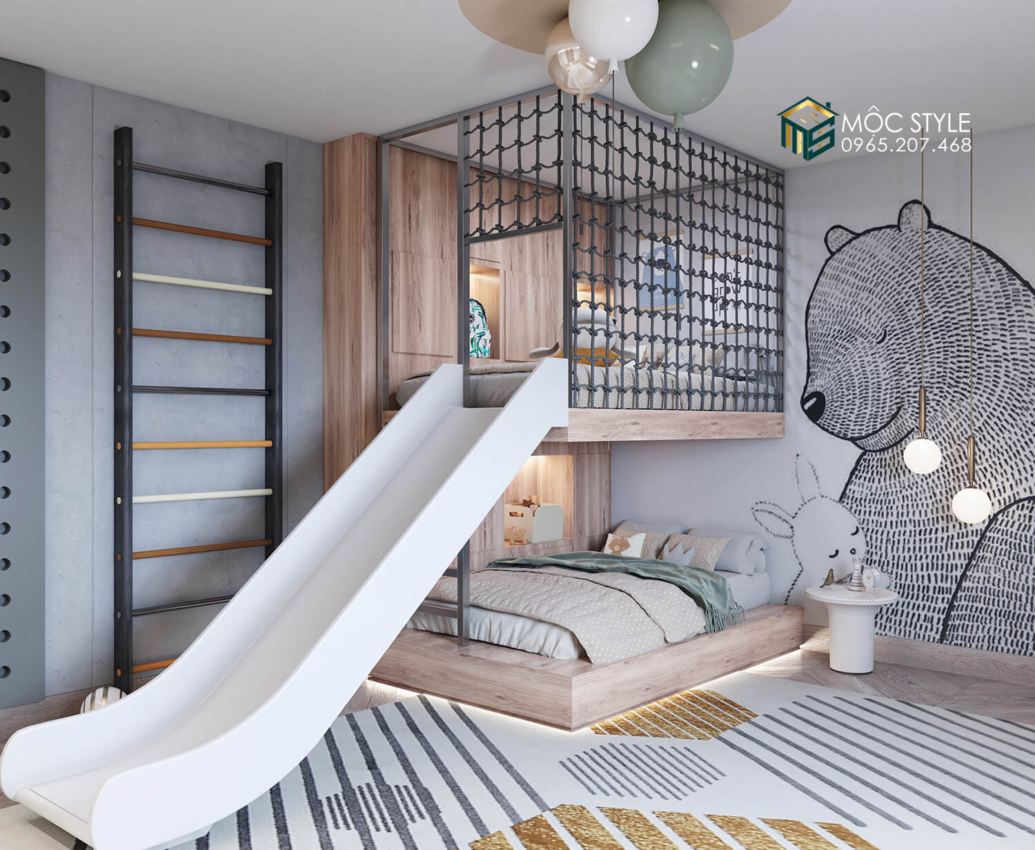 Giường tầng phòng trẻ em kết hợp với cầu trượt hiện đại cho bé
