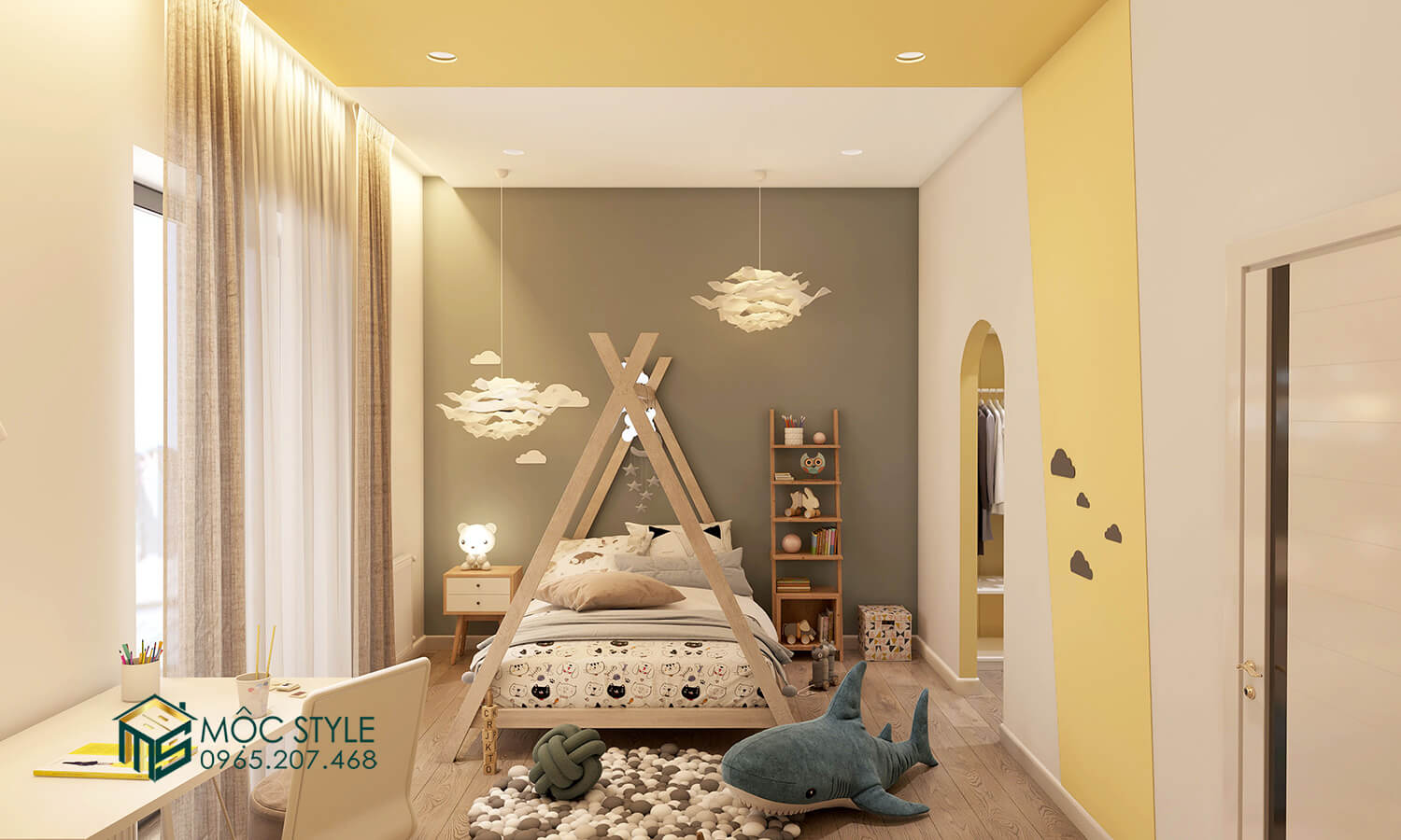 Tổng thể thiết kế không gian phòng bạn nữ với tông màu vàng