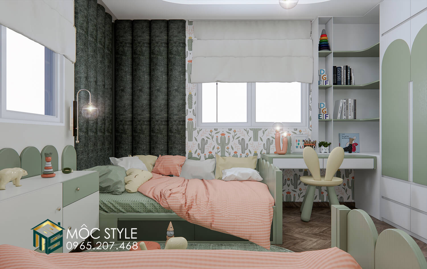 Phòng ngủ trẻ em kết hợp giữa hai màu xanh lá và trắng