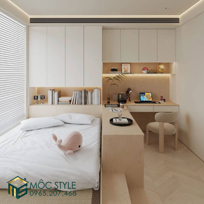 Phòng ngủ được thiết kế với hệ giường liền tủ tiết kiệm diện tích